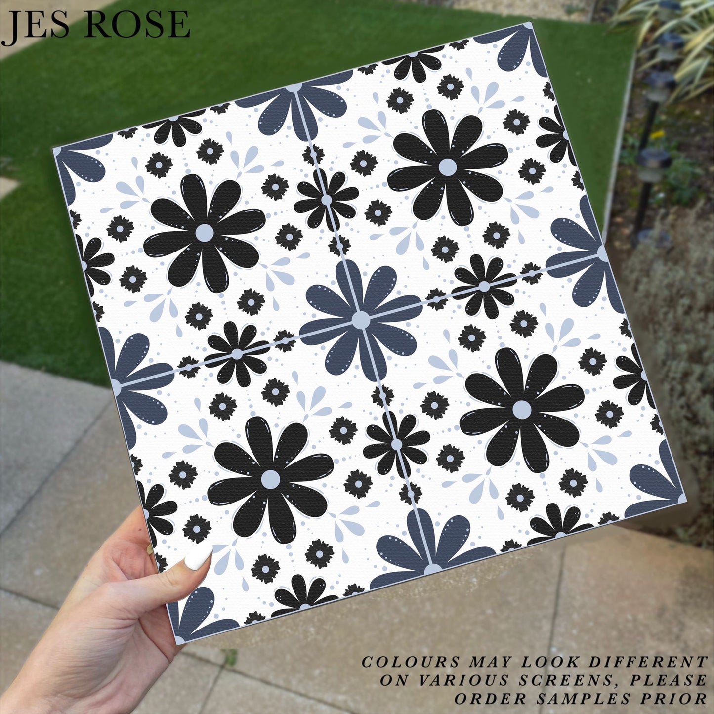 Floral Tiles Navy & Black Premium Peel & Stick Tiles