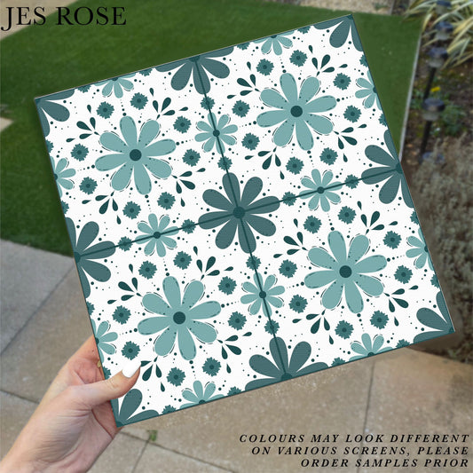 Floral Tiles Teal  Premium Peel & Stick Tiles